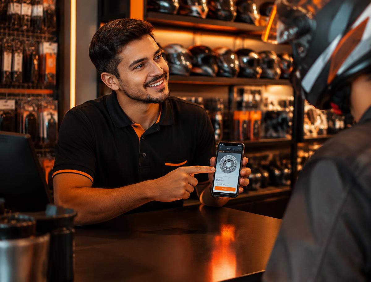 Vendedor mostrando o preço de uma peça no celular